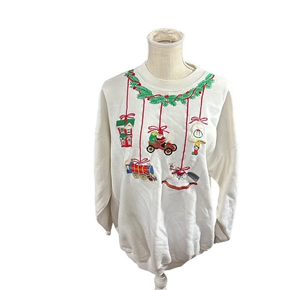 Vintage 80s Hallmark Ornaments Club Women White Ugly Christmas Sweatshirt Sz XL - Picture 2 of 11